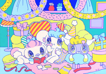 accessory alternative_fashion ambiguous_gender anthro bangs big_eyes blue_hair bow_ribbon chibi cookie detailed_background eyelashes fairy_kei flower food furniture glistening glistening_eyes gloves_(marking) group hair hair_accessory hair_bow hair_ribbon hairclip heart_symbol inside j-fashion kemono lamp leg_markings lidded_eyes lying macaron_(food) markings mask nude on_front on_model paws pillow pink_hair plant ribbons round_ears scut_tail short_tail socks_(marking) sofa star superflat tail trio white_body window yurie_sekiya peropero_sparkles cune_(peropero_sparkles) melo_(peropero_sparkles) rue_(peropero_sparkles) alien domestic_cat felid feline felis lagomorph leporid mammal mouse murid murine rabbit rodent 2020 colorful_theme hi_res marker_(artwork) official_art pastel_theme traditional_media_(artwork)