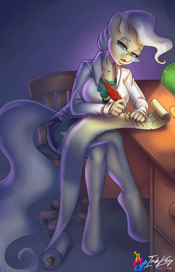 4_fingers anthro barefoot bottomwear breasts brown_body brown_fur chair clothing desk eyebrows eyewear feet female fingers fur furniture glasses hair humanoid_hands lamp looking_down loose_feather mature_female miniskirt open_mouth purple_eyes quill scroll shadow shirt simple_background sitting skirt solo table tongue topwear white_clothing white_eyebrows white_hair white_shirt white_topwear working writing_text inkkey-studios friendship_is_magic hasbro my_little_pony mayor_mare_(mlp) equid equine horse mammal pony 2021 digital_media_(artwork) signature