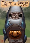 clothing costume halloween_costume holding_object holidays looking_at_viewer male shark_costume solo trick-or-treating hermesdidit halloween canid canine fox mammal hi_res