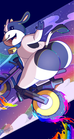 3_fingers abstract_background action_pose anthro beady_eyes bell bell_collar big_butt black_body black_eyes black_fur butt cloud collar cowbell dot_eyes eyelashes facial_piercing female fingers food fruit fur hooved_fingers hooves horn logo looking_at_viewer looking_back markings motorcycle nose_piercing nose_ring nude open_mouth peach_(fruit) piercing plant pose presenting presenting_hindquarters rainbow riding_motorcycle ring_piercing simple_eyes solo spots spotted_body spotted_fur star tail tail_tuft text tuft vehicle white_body white_fur cheekychiru mario_bros mario_kart mario_kart_world nintendo moo_moo_meadows_cow bovid bovine cattle dairy_cattle holstein_friesian_cattle mammal 2025 absurd_res artist_logo artist_name english_text hi_res signature