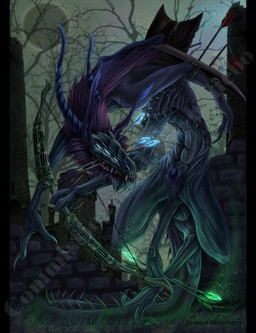 ambiguous_gender anthro archer arrow_(weapon) bow_(weapon) claws dark detailed_background magic ranged_weapon solo tail weapon venator-somniorum mythology dragon mythological_creature mythological_scalie scalie detailed hi_res watermark