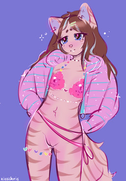 accessory adolescent anthro bangs belly blue_eyes blue_hair blush bodily_fluids breasts brown_body brown_fur brown_hair butt cleavage clothed clothing coat ears_up female flat_chested fur garter genital_fluids genitals glistening hair hair_accessory hairclip jewelry lipgloss loli necklace nipples simple_background sketchy smile solo standing tail topwear tuft underwear vaginal_fluids vulva young young_anthro young_female anika kisschris domestic_cat felid feline felis mammal digital_media_(artwork) hi_res sketch