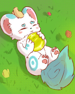 blue_body blue_fur blue_tail blush chest_tuft eyes_closed feral flower fur gem grass heart_nose heart_symbol holding_object horn lying male multicolored_body on_back pawpads plant relaxing solo tail tuft white_body white_fur unnamedpon3 fabulous_beasts tianlu_(fabulous_beasts) 4:5 hi_res