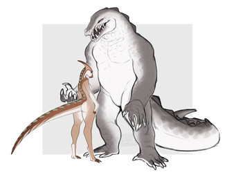 anthro big_arms big_butt big_teeth biped brown_body butt countershade_torso countershading cracked_face digitigrade duo facial_scar female front_view green_eyes grey_body grey_scales heart_(marking) larger_male long_tail male markings plantigrade pupils rear_view scales scar sharp_teeth size_difference slit_pupils small_waist smaller_female tail teeth thick_neck thick_tail wide_hips yellow_eyes sweetburn amaretto_(sweetburn) king_(sweetburn) alligatorid crocodilian deinosuchus dinosaur hadrosaurid ornithischian ornithopod parasaurolophus prehistoric_species reptile scalie 2025 hi_res