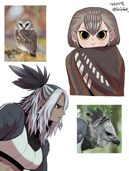 big_pupils cape clothing comparison creature_and_personification duo female feral hair humanoidized iris photo_reference ponytail pupils reference_inset tied_hair gegegekman accipitrid accipitriform animal_humanoid avian avian_humanoid bird bird_humanoid eagle harpy_eagle humanoid owl hi_res reference_image