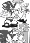 anthro birthday birthday_cake cake dessert dialogue female food group male speech_bubble trio ayamepso sega sonic_adventure sonic_the_hedgehog_(series) rouge_the_bat shadow_the_hedgehog sonic_the_hedgehog bat eulipotyphlan hedgehog mammal 2001 black_and_white digital_drawing_(artwork) digital_media_(artwork) greyscale monochrome sketch