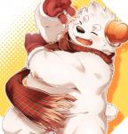 anthro belly blush clothing eyes_closed fur gloves handwear humanoid_hands male overweight overweight_anthro overweight_male scarf simple_background solo white_body white_fur hinami bear mammal polar_bear ursine 2019