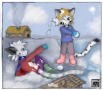 anthro duo fur green_eyes male markings one_eye_closed outside snow spots spotted_body spotted_fur tail young young_anthro hexxy silverkun domestic_cat felid feline felis mammal pantherine tiger