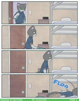 bed bedroom clothing college fur furniture green_eyes grey_body grey_fur onomatopoeia school solo sound_effects text milachu92 buttons_(milachu92) domestic_cat felid feline felis mammal absurd_res comic english_text hi_res