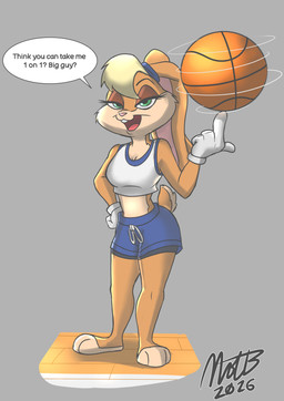 anthro athletic_wear ball basketball_(ball) bottomwear clothing female holidays shorts solo spats text toony nickofthebra easter looney_tunes warner_brothers lola_bunny 2026 absurd_res colored digital_drawing_(artwork) digital_media_(artwork) english_text full-length_portrait hi_res portrait shaded signature