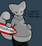 2023 :3 ambiguous_anthro ambiguous_gender ambiguous_pred ambiguous_prey anthro anthro_pred asking_viewer belly belly_squish big_belly big_tail biped black_clothing black_eyebrows black_legwear black_text black_thigh_highs blue_background bodily_noises cel_shading clothed clothed_ambiguous clothed_anthro clothing dialogue digestion digestion_noises digital_drawing_(artwork) digital_media_(artwork) domestic_cat ears_up emily_(tcsrjx) english_description english_text eyebrows felid feline felis female_(lore) floating_whiskers fully_inside fur glorp green_text grey_belly grey_body grey_clothing grey_ears grey_face grey_fur grey_inner_ear_fluff grey_sweater grey_tail grey_topwear hand_on_belly hand_on_own_belly hi_res holding_object holding_sign huge_belly inner_ear_fluff legwear long_sleeves long_tail looking_at_viewer mammal monotone_background monotone_belly monotone_body monotone_clothing monotone_face monotone_fur monotone_legwear monotone_sweater monotone_tail monotone_thigh_highs monotone_topwear narrowed_eyes onomatopoeia portrait prick_ears raised_tail rumbling_stomach same_size_vore shaded sign simple_background sleeves_past_wrists slosh sloshing_belly smile smiling_at_viewer smirk smirking_at_viewer soft_vore solo sound_effects squish standing sweater tag_question tail talking_to_viewer tcsrjx text thigh_highs three-quarter_portrait three-quarter_view tight_clothing tight_sweater tight_topwear topwear tuft unseen_prey vore vore_invitation wrinkles_in_clothes yes-no_question