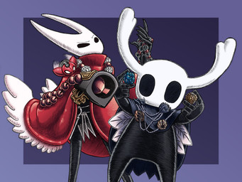 2_horns 5_fingers ambiguous_gender beads biped black_body black_eyes cloak clothing cogfly duo eyebrows female fingers holding_object holding_ranged_weapon holding_weapon horn jewelry knife necklace prayer_beads ranged_weapon red_cloak red_clothing rosary standing throwing_knife weapon alillust hollow_knight:_silksong hollow_knight_(franchise) team_cherry hornet_(hollow_knight) the_knight_(hollow_knight) arthropod vessel_(species) 2025 4:3 absurd_res hi_res half_sister_(lore) sibling_(lore) sister_(lore)