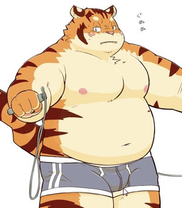 anthro belly blush bulge clothing cursor kemono male moobs mouse_cursor nipples overweight overweight_male simple_background solo text underwear white_background meg_hoi felid mammal pantherine tiger 2021 japanese_text