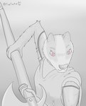 anthro armor chainmail clothing female glistening glistening_eyes gradient_background greyscale_background halberd inner_ear_fluff melee_weapon pauldron pink_eyes polearm shirt simple_background solo topwear torn_clothing tuft weapon fluxfoxart redwall cregga_roseeyes badger mammal mustelid musteline absurd_res hi_res shaded signature sketch