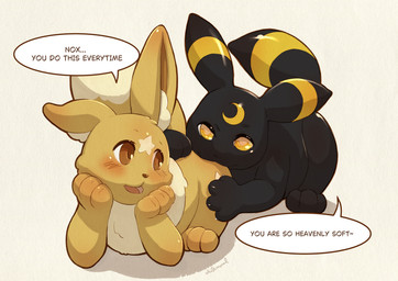 butt cuddling duo feral male male/male nom smile text blackmoralblack nintendo pokemon ari_(blackmoralblack) nox_(blackmoralblack) eevee eeveelution generation_1_pokemon generation_2_pokemon pokemon_(species) umbreon absurd_res english_text hi_res