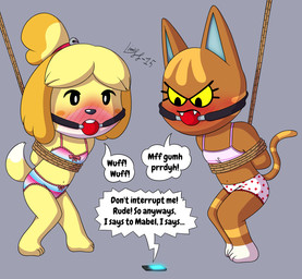 anthro anthrofied arms_tied ball_gag bdsm blue_bra blue_clothing blue_panties blue_underwear blush bondage bottomwear bound bow_bra bow_panties bow_underwear bra brown_body brown_fur cellphone clothed clothing dialogue dipstick_tail duo electronics embarrassed female frilly frilly_bra frilly_clothing frilly_panties frilly_underwear fur gag gagged grey_background hands_behind_back markings muffled navel onomatopoeia panties pattern_bottomwear pattern_bra pattern_clothing pattern_panties pattern_topwear pattern_underwear phone pink_bra pink_clothing pink_panties pink_underwear polka_dot_panties polka_dot_underwear purple_bra purple_clothing purple_underwear restraints rope rope_bondage simple_background sound_effects standing striped_bottomwear striped_bra striped_clothing striped_panties striped_topwear striped_underwear stripes tail tail_markings text topwear training_bra underwear underwear_only vowelless vowelless_vocalization white_clothing white_panties white_underwear yellow_body yellow_fur yellow_sclera limpurtikles ponponthedreambunny animal_crossing nintendo isabelle_(animal_crossing) katt_(animal_crossing) canid canine canis domestic_cat domestic_dog felid feline felis mammal shih_tzu toy_dog 2026 artist_name digital_drawing_(artwork) digital_media_(artwork) english_text hi_res