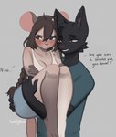 anthro black_body black_fur blush bottomwear braided_hair brown_hair carrying_another carrying_partner clothed clothed_anthro clothed_female clothed_male clothing duo female freckled_face freckles fully_clothed fully_clothed_anthro fully_clothed_female fully_clothed_male fur grey_body grey_fur hair heterochromia male male/female secretly_loves_it shirt shorts tank_top topwear tsundere yellow_eyes lentilghost mouse_meish_(giesenn) domestic_cat felid feline felis mammal mouse murid murine rodent hi_res
