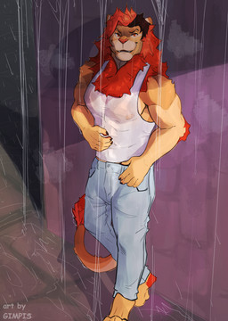 anthro bottomwear breasts clothed clothing denim denim_bottomwear denim_clothing fur hair jeans looking_at_viewer male muscular nipples pants simple_background smile solo tail wet wet_body wet_clothing wet_fur gimpis felid feline lion mammal pantherine absurd_res digital_media_(artwork) hi_res