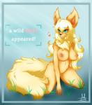 anthro biped blonde_hair blue_eyes blush breasts female grass hair nipples nude plant pokemorph simple_background sitting solo hazelkisses nintendo pokemon kaira eeveelution flareon generation_1_pokemon pokemon_(species)