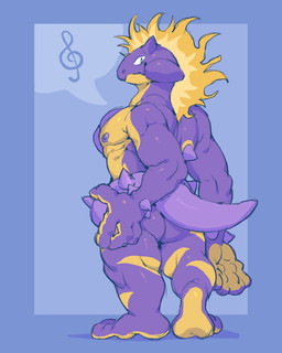 4_fingers abs anthro biped blue_background butt countershading feet fingers looking_at_viewer male muscular muscular_male nipples pecs purple_body purple_skin purple_tail shadow simple_background solo speech_bubble spikes spikes_(anatomy) standing tail toes yellow_body yellow_skin ziran nintendo pokemon amped_toxtricity generation_8_pokemon pokemon_(species) toxtricity 4:5 hi_res