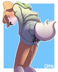 anthro biped blue_background blush bodily_fluids border bottomwear clothed clothing eyes_closed fur genital_fluids green_clothing green_hoodie green_topwear hair hoodie male omorashi peeing rear_view shorts simple_background solo standing tail tan_body tan_fur tan_hair text topwear urine wet wet_bottomwear wet_clothing wet_shorts wetting white_border citris citrus_(citris) canid canine canis domestic_dog mammal 2020 absurd_res artist_name digital_media_(artwork) hi_res portrait shaded three-quarter_portrait