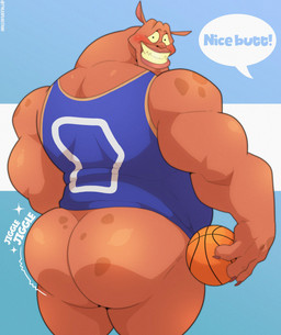 anthro ball basketball_(ball) basketball_uniform biceps big_butt blue_background blue_clothing blue_shirt blue_topwear blush bottomless butt butt_jiggle clothed clothing dialogue embarrassed jiggling looking_at_viewer male rear_view shirt shirt_only simple_background solo sportswear teeth text topwear topwear_only uniform tylerstark looney_tunes space_jam warner_brothers pound_(space_jam) monstar_(space_jam) 2024 absurd_res digital_media_(artwork) english_text hi_res
