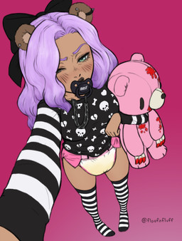 accessory biped blush bodily_fluids bow_ribbon clothed clothing diaper ear_piercing facial_markings fake_blood female footwear foreshortening genital_fluids hair hair_accessory hair_bow hair_ribbon head_markings holding_object holding_plushie legwear looking_at_viewer markings object_in_mouth pacifier pacifier_in_mouth pattern_clothing pattern_footwear pattern_legwear piercing pink_background pink_diaper plushie purple_hair ribbons round_ears selfie simple_background skull_pattern solo stockings striped_clothing striped_footwear striped_legwear stripes tan_body tan_skin unclean_diaper urine used_diaper wearing_diaper wet_diaper floofnfluff calissa_(ursamajorbrat) animal_humanoid bear human humanoid mammal absurd_res digital_media_(artwork) full-length_portrait hi_res portrait