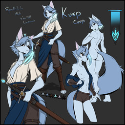 anthro armor blue_clothing blue_hair bottomless bottomless_male brown_eyes clothed clothing curious feminine fingers gem hair looking_at_viewer magic_user male melee_weapon nude nude_male rear_view scabbard slim solo suggestive sword text topless topless_male weapon snowiefeather kusp_cusp_(riverred) canid canine canis fox hybrid mammal wolf 1:1 2025 absurd_res digital_media_(artwork) english_text hi_res model_sheet