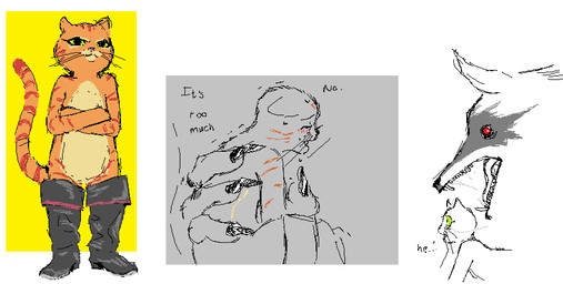 anthro blush bodily_fluids boots boots_only claws clothing crossed_arms curled_up dialogue duo ears_down eyeliner eyes_closed facial_markings fangs footwear footwear_only fur green_eyes grey_background hand_on_back head_markings holding_another holding_partner imminent_bite long_claws looking_at_viewer makeup male male/male markings mask_(marking) mostly_nude narrowed_eyes nervous open_mouth orange_body orange_fur pivoted_ears pointy_ears prick_ears pupils red_eyes saliva scary shoes side_view simple_background size_difference standing sweat tail teeth text tired tongue underbelly whiskers white_background white_pupils wide_eyed yellow_background boujinshi dreamworks puss_in_boots_(franchise) death_(puss_in_boots) puss_in_boots_(dreamworks) canid canine canis domestic_cat felid feline felis mammal tabby_cat wolf multiple_images partially_colored sketch