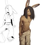 anthro barefoot black_hair bottomwear brown_body brown_eyes brown_fur clothed clothing feet fur hair hair_over_eye half-closed_eyes hoodie long_hair looking_at_viewer male male_anthro multicolored_body multicolored_fur narrowed_eyes navel one_eye_obstructed pants pawpads paws simple_background smile smiling_at_viewer solo topless topwear two_tone_body two_tone_fur undressing_self white_body white_fur twang janis_(twang) lagomorph leporid mammal rabbit 2023 hi_res