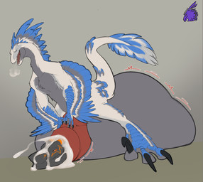 almost_fully_inside anthro balls big_balls big_penis black_body blue_body blue_feathers bodily_fluids breath claws cock_vore duo feathers feet_first genital_fluids genitals grey_body huge_balls huge_penis hyper hyper_balls hyper_genitalia hyper_penis logo male male/male penile penis precum size_difference smaller_pred tail teeth vore white_body white_feathers zeanlain dinosaur dromaeosaurid prehistoric_species reptile saurischian scalie theropod 2023 artist_logo colored hi_res