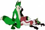 anthro bodily_fluids canid canine cum cum_on_penis duo ejaculation erection fox fur genital_fluids genitals green_body green_fur jaysenmeerkat male male/male mammal mark_(galener) penis red_body red_fur simple_background todd_(jaysenmeerkat) white_background