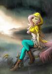 2018 absurd_res anthro biped boots bottomwear breasts clothed clothing coat detailed_background equid equine eyes_closed female fidzfox fluttershy_(mlp) footwear friendship_is_magic furgonomics hair hasbro hi_res horse legwear long_hair long_legs mammal my_little_pony outside pink_hair raincoat raining rock sitting skirt solo stockings tail tail_through_skirt topwear wet