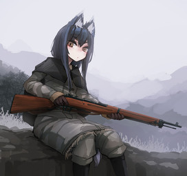 animal_ears black_body black_fur black_hair boots brown_eyes clothed clothing female fluffy fluffy_tail footwear fully_clothed fur gloves gun hair handwear holding_gun holding_object holding_ranged_weapon holding_rifle holding_weapon inner_ear_fluff looking_at_viewer on_rock outside ranged_weapon rifle rock shoes sitting sitting_on_rock solo tail tuft weapon deadflow animal_humanoid canid canid_humanoid canine canine_humanoid fox_humanoid humanoid mammal mammal_humanoid tailed_humanoid 2015