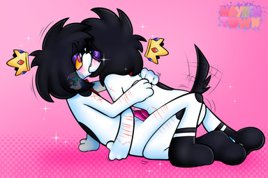 anthro black_hair black_markings blush blush_lines clone crown duo frottage fur fur_markings genitals hair headgear kiss_on_lips kissing male male/male markings motion_lines penile penis penises_touching pink_background pink_eyes pink_penis scar selfcest sex simple_background sparklefur sparkles square_crossover tail tail_motion tailwag white_body white_fur mayhemtown mayhem_(mayhemtown) canid canine mammal hi_res