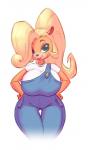 2017 activision anthro bandicoot big_breasts black_nose blonde_hair blue_eyes breasts clothed clothing coco_bandicoot crash_bandicoot_(series) female hair hi_res huge_breasts long_hair looking_at_viewer mammal marsupial nitro overalls shirt simple_background smile solo thigh_gap topwear white_background