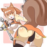 abstract_background anthro anthrofied bent_over biped blush breasts butt clothing female kemono looking_back panties pose simple_background solo standing tail under_boob underwear weapon kin-shun arc_system_works blazblue makoto_nanaya mammal rodent sciurid tree_squirrel 1:1