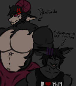 angry anthro black_body duo male male/male pecs pregnant red_eyes smiley_face text worried unknown_artist rod_(r_96) bovid canid canine canis caprine caprine_demon demon goat_demon mammal wolf spanish_text