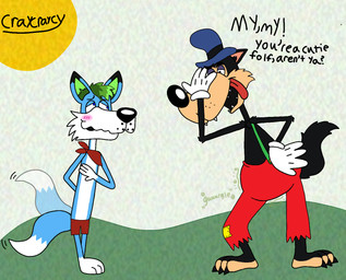 4_fingers anthro black_body black_ear_tips black_fur black_inner_ear_fluff black_nose blue_body blue_clothing blue_fur blue_hat blue_headwear blush clothing dipstick_ears dipstick_tail duo ear_markings fingers fur gloves green_hair green_inner_ear green_inner_ear_fluff hair handwear hat headgear headwear humanoid_hands imminent_vore inner_ear_fluff kerchief male markings multicolored_ears neckerchief neckwear open_mouth pink_inner_ear red_kerchief red_neckerchief red_tongue rumbling_stomach standing tail tail_markings tail_motion tailwag text tongue tuft wearing_hat white_clothing white_gloves white_handwear white_tail_tip cyrang47z fairy_tales big_bad_wolf jason_the_folf zeke_wolf canid canine canis fox hybrid mammal wolf 2026 digital_drawing_(artwork) digital_media_(artwork) english_text hi_res