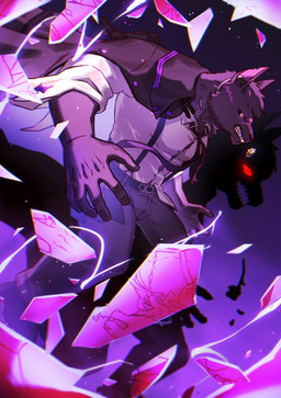 5_fingers anthro clothed clothed_anthro clothed_male clothing coat_cape facial_scar fingers humanoid_hands male scar solo suspenders x_scar p40270806 chaos_zero_nightmare hugo_(chaos_zero_nightmare) canid canine canis mammal wolf 2025 chromatic_aberration hi_res