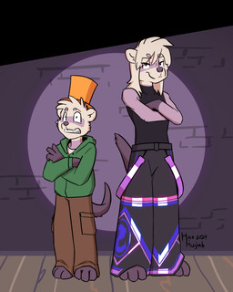 alternative_fashion anthro awkward_smile barefoot black_eyes bottomwear cargo_pants clothing crossed_arms duo feet fur gesture hand_gesture jacket multicolored_body multicolored_fur oversized_clothing pants past_meets_present phat_pants purple_body purple_fur shirt simple_background smile smiling_at_viewer spotlight square_crossover tail text topwear v_sign white_body white_fur borealhao lamapola vinea_(lamapola) domestic_ferret mammal mustelid musteline true_musteline weasel 2024 4:5 hi_res signature