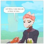 accessory anthro bow_(feature) building clothed clothing cloud dialogue eyes_closed female hand_holding headband sad sky solo_focus speech_bubble text tower white_body pocketss lizard reptile scalie 1:1 2024 comic english_text hi_res