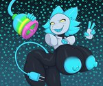 anthro armless big_breasts blue_hair breasts female floating_hands genitals gesture glistening glistening_body hair hand_gesture huge_breasts plug pussy smile solo v_sign yellow_eyes razbunny deltarune undertale_(series) tasque_manager werewire absurd_res hi_res