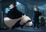 anthro belly big_belly bottomwear claws clothed clothing dessert doughnut duo electronics eye_contact fangs fence food fur grey_body grey_fur holding_object holding_phone jacket keychain looking_at_another male morbidly_obese morbidly_obese_anthro morbidly_obese_male obese obese_anthro obese_male open_mouth outside overweight overweight_anthro overweight_male pants pastry phone raised_tail rear_view standing tail teeth toe_claws tongue topwear torn_bottomwear torn_clothing torn_pants underwear white_body white_fur hectorthewolf disney zootopia gary_(zootopia) larry_(zootopia) canid canine canis mammal wolf 2016