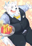 anthro belly belt blush bow_tie box bulge clothing container fur gift_box male overweight ribbons serving_tray smile solo topwear vest white_body white_fur nazebesu_hobby lifewonders live_a_hero yohack canid canine canis domestic_dog mammal nordic_sled_dog samoyed spitz absurd_res hi_res