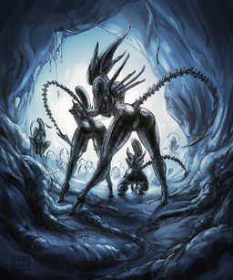 anthro bent_over big_breasts big_butt black_body breasts butt crouching egg female group hive long_tail roots sharp_tail spikes spikes_(anatomy) standing tail kory_cromie alien_(franchise) alien xenomorph xenomorph_queen 5:6 hi_res signature