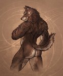 anthro arm_tattoo back_tattoo brown_body brown_fur butt fur male multicolored_body multicolored_fur simple_background solo tan_background tattoo white_body white_fur s_anima canid canine canis mammal wolf 2022 absurd_res hi_res