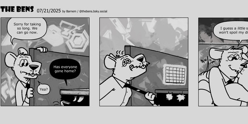 anthro biped clothing dialogue duo hug humanoid_hands kissing male male/male necktie overweight overweight_male shirt tail tail_motion tailwag text topwear barnem mammal murid murine rat rodent 2025 comic english_text hi_res monochrome multiple_scenes