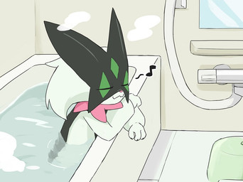 ambiguous_gender anthro bathing bathtub claws eyes_closed fur green_body green_fur green_hair hair musical_note musical_symbol relaxing solo steam symbol water ylit nintendo pokemon felid feline generation_9_pokemon mammal meowscarada pokemon_(species) 2024