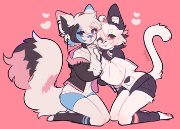 alternative_fashion anthro band-aid bandage bottomwear clothed clothing collar duo ear_piercing ear_ring femboy fluffy fluffy_tail footwear hair hand_holding heart_symbol jacket knee_highs knee_socks kneeling legwear male male/male paws piercing ring_piercing shirt shorts simple_background socks tail toeless_footwear toeless_socks topwear strideeri domestic_cat felid feline felis mammal 2021 signature